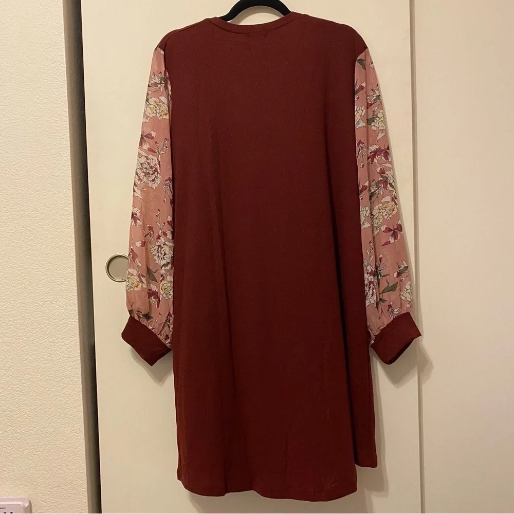 Grace and Emma New Size 2X‎ Knit Dress Cotton Floral Burgundy Blush Long Sleeve